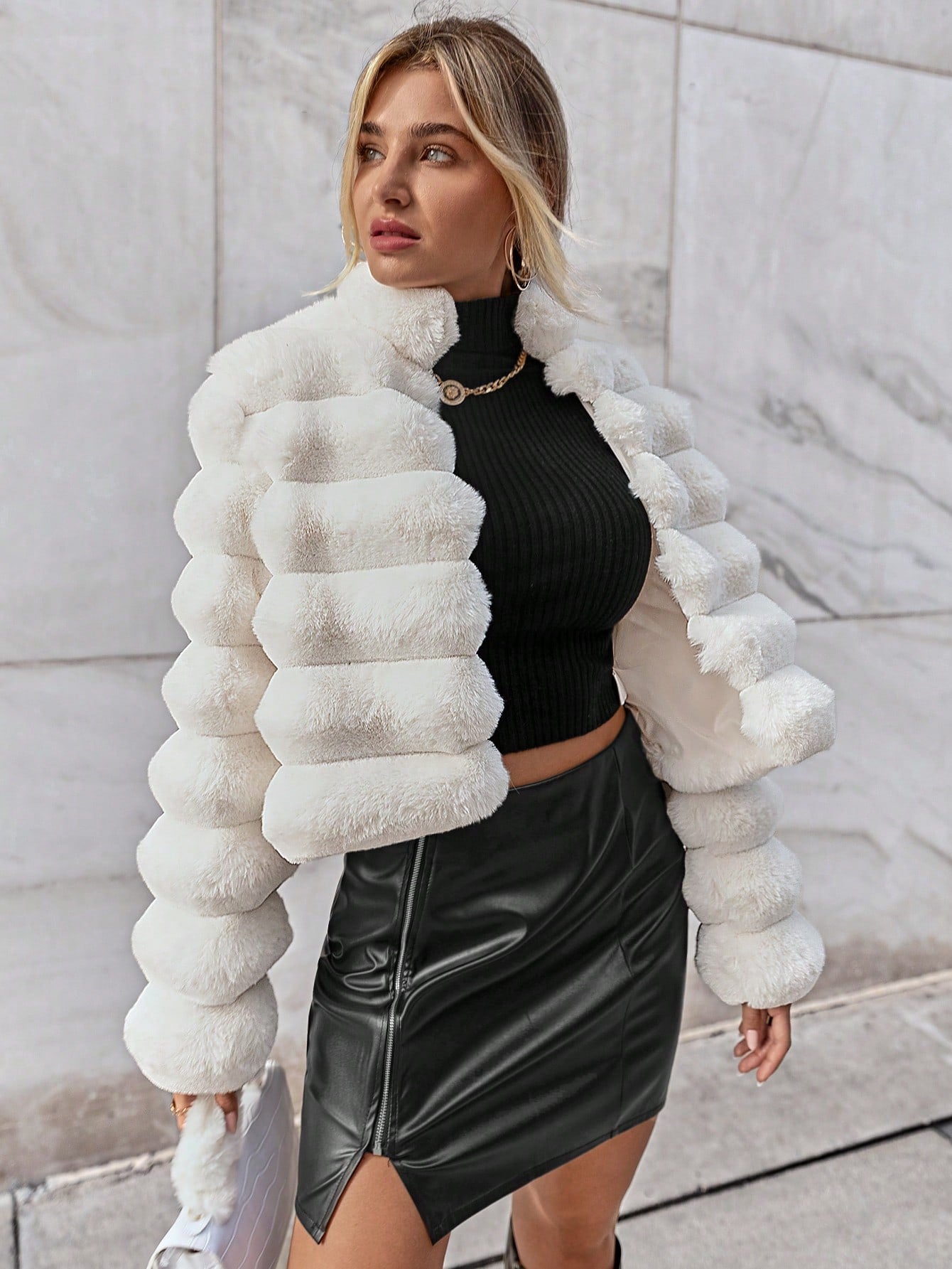 Firerie Going Out Solid Open Front Crop Fuzzy Coat